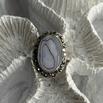 925 Sterling Silver Abalone & Marcasite Ring Size 9