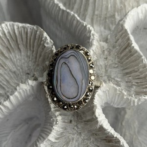 925 Sterling Silver Abalone & Marcasite Ring Size 9