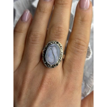 925 Sterling Silver Abalone & Marcasite Ring Size 9