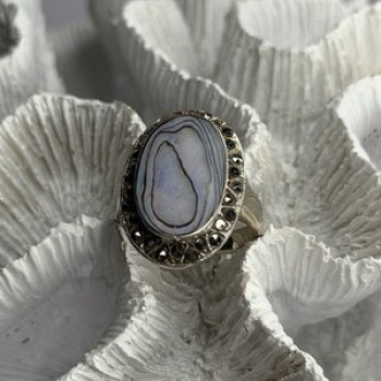 925 Sterling Silver Abalone & Marcasite Ring Size 9