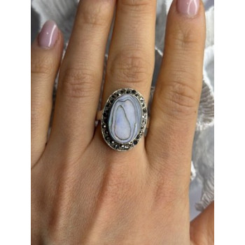 925 Sterling Silver Abalone & Marcasite Ring Size 9