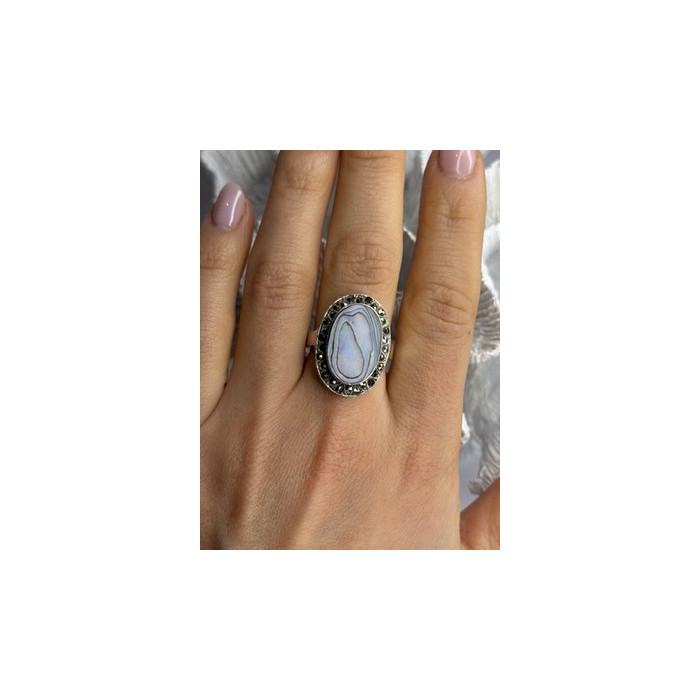 925 Sterling Silver Abalone & Marcasite Ring Size 9