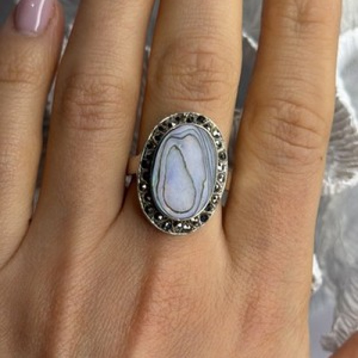 925 Sterling Silver Abalone & Marcasite Ring Size 9