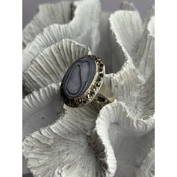 925 Sterling Silver Abalone & Marcasite Ring Size 9