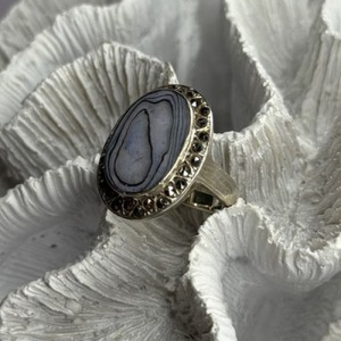 925 Sterling Silver Abalone & Marcasite Ring Size 9