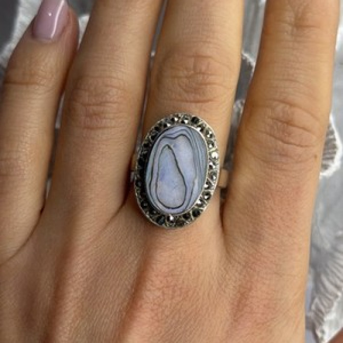 925 Sterling Silver Abalone & Marcasite Ring Size 9