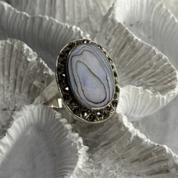 925 Sterling Silver Abalone & Marcasite Ring Size 9