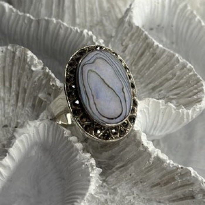 925 Sterling Silver Abalone & Marcasite Ring Size 9