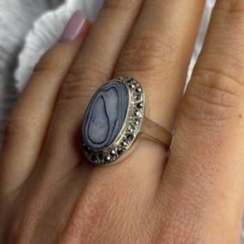 925 Sterling Silver Abalone & Marcasite Ring Size 9