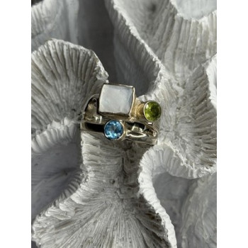 925 Sterling Silver Abalone &Peridot & Topaz Ring Size 8