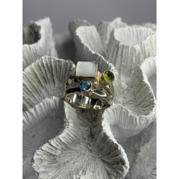 925 Sterling Silver Abalone &Peridot & Topaz Ring Size 8
