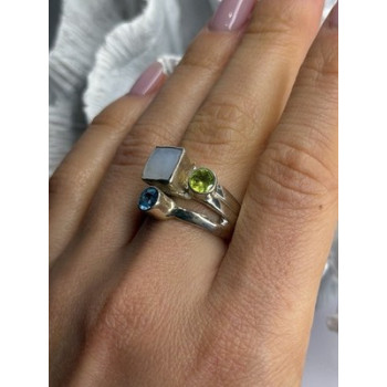 925 Sterling Silver Abalone &Peridot & Topaz Ring Size 8
