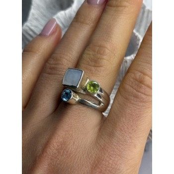 925 Sterling Silver Abalone &Peridot & Topaz Ring Size 8