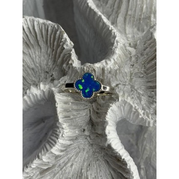 Clover 925 Sterling Silver Blue Simulated Opal Ring Size 7