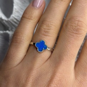 Clover 925 Sterling Silver Blue Simulated Opal Ring Size 7