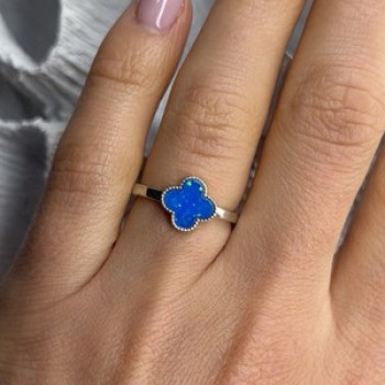 Clover 925 Sterling Silver Blue Simulated Opal Ring Size 7