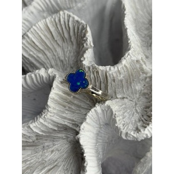 Clover 925 Sterling Silver Blue Simulated Opal Ring Size 7