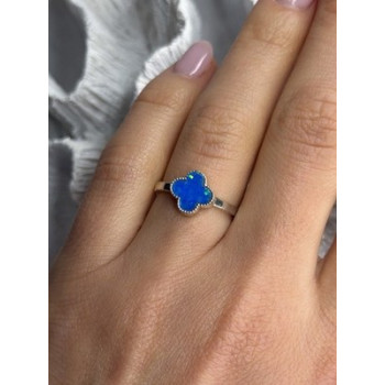 Clover 925 Sterling Silver Blue Simulated Opal Ring Size 7