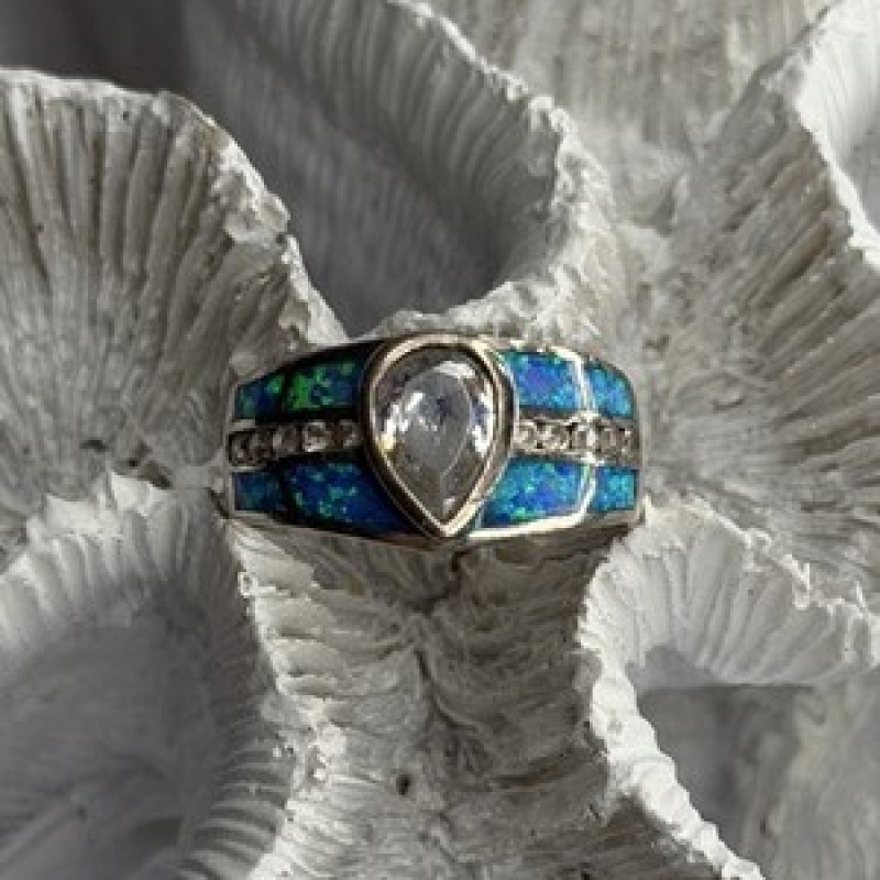925 Sterling Silver Opal & Beryl Ring Size 8