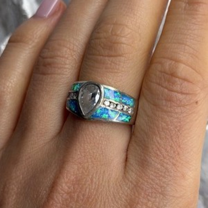 925 Sterling Silver Opal & Beryl Ring Size 8