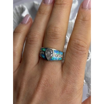 925 Sterling Silver Opal & Beryl Ring Size 8