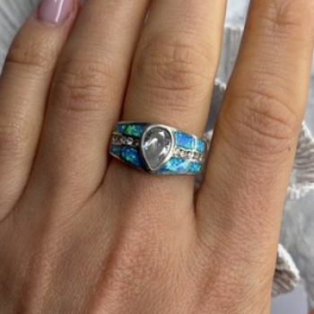 925 Sterling Silver Opal & Beryl Ring Size 8
