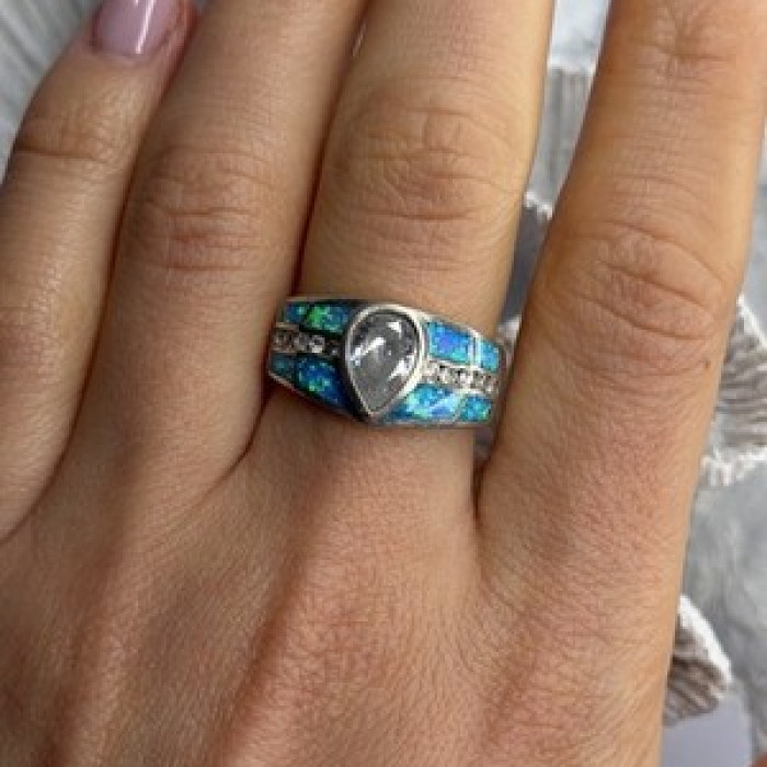 925 Sterling Silver Opal & Beryl Ring Size 8