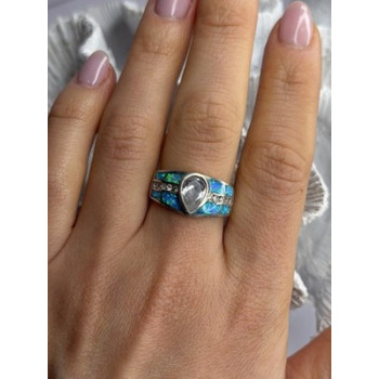 925 Sterling Silver Opal & Beryl Ring Size 8