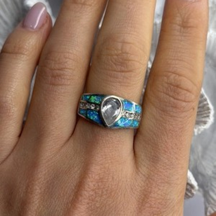 925 Sterling Silver Opal & Beryl Ring Size 8