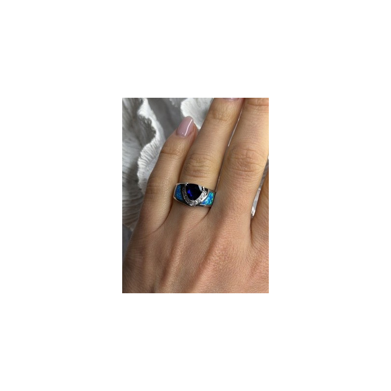 925 Sterling Silver Trillion-Cut Tanzanite & Beryl & Opal Ring Size 7