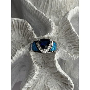 925 Sterling Silver Trillion-Cut Tanzanite & Beryl & Opal Ring Size 7