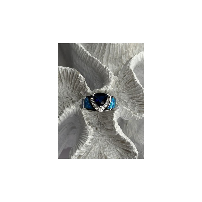 925 Sterling Silver Trillion-Cut Tanzanite & Beryl & Opal Ring Size 7