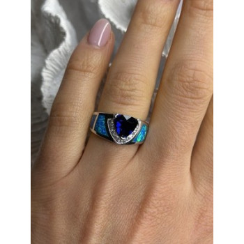 925 Sterling Silver Trillion-Cut Tanzanite & Beryl & Opal Ring Size 7