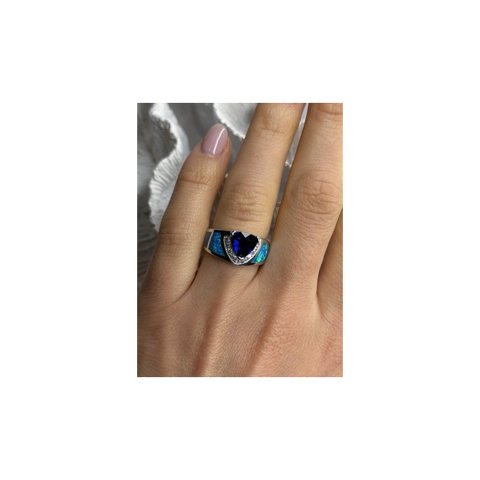 925 Sterling Silver Trillion-Cut Tanzanite & Beryl & Opal Ring Size 7