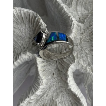 925 Sterling Silver Trillion-Cut Tanzanite & Beryl & Opal Ring Size 7