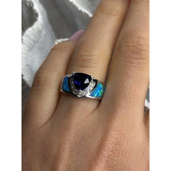 925 Sterling Silver Trillion-Cut Tanzanite & Beryl & Opal Ring Size 7