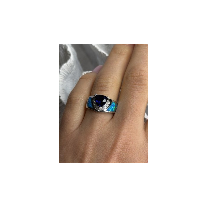 925 Sterling Silver Trillion-Cut Tanzanite & Beryl & Opal Ring Size 7