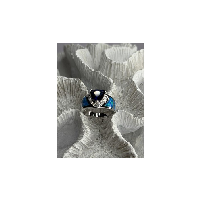 925 Sterling Silver Trillion-Cut Tanzanite & Beryl & Opal Ring Size 7