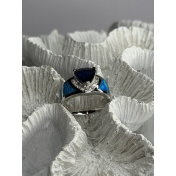 925 Sterling Silver Trillion-Cut Tanzanite & Beryl & Opal Ring Size 7