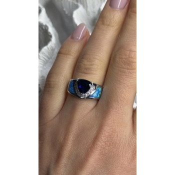 925 Sterling Silver Trillion-Cut Tanzanite & Beryl & Opal Ring Size 7