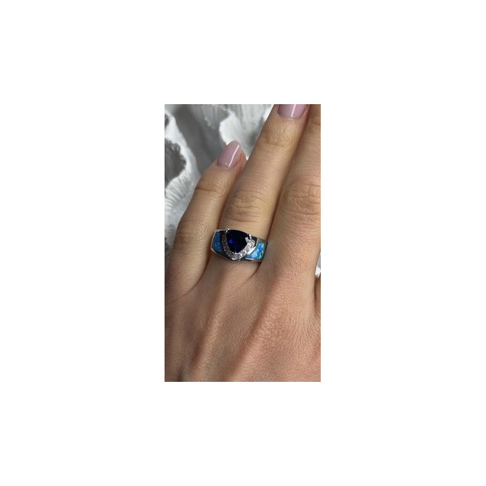 925 Sterling Silver Trillion-Cut Tanzanite & Beryl & Opal Ring Size 7