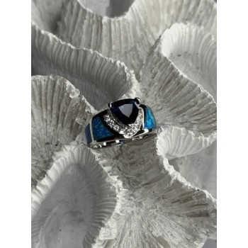925 Sterling Silver Trillion-Cut Tanzanite & Beryl & Opal Ring Size 7