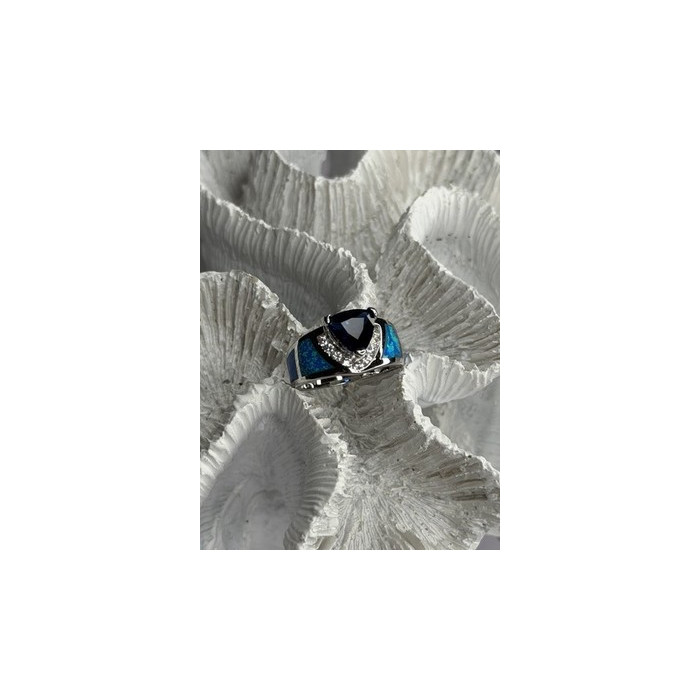 925 Sterling Silver Trillion-Cut Tanzanite & Beryl & Opal Ring Size 7