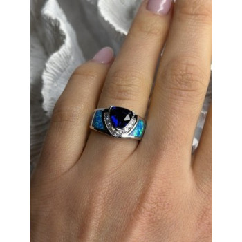 925 Sterling Silver Trillion-Cut Tanzanite & Beryl & Opal Ring Size 7