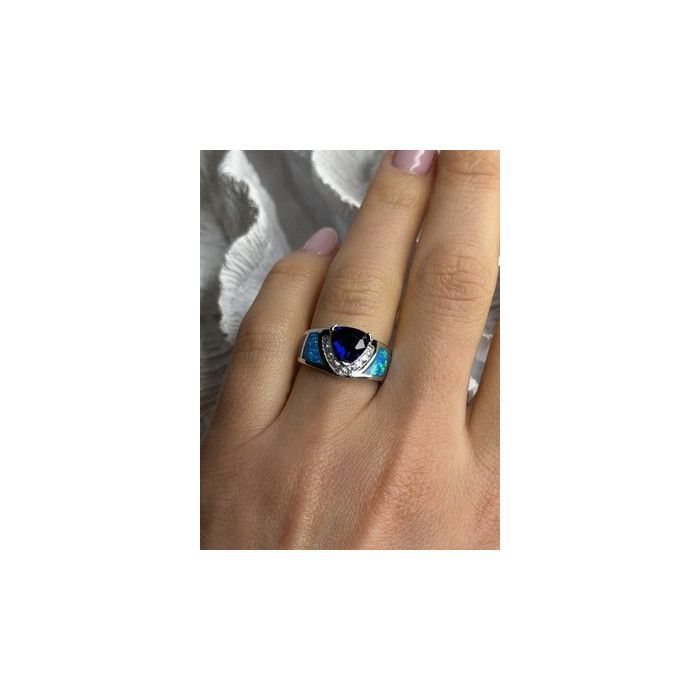 925 Sterling Silver Trillion-Cut Tanzanite & Beryl & Opal Ring Size 7
