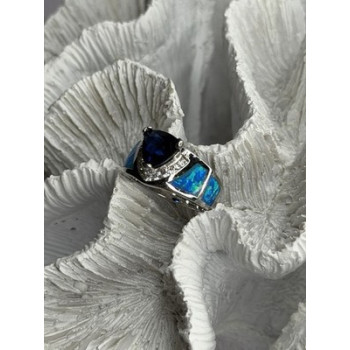 925 Sterling Silver Trillion-Cut Tanzanite & Beryl & Opal Ring Size 7