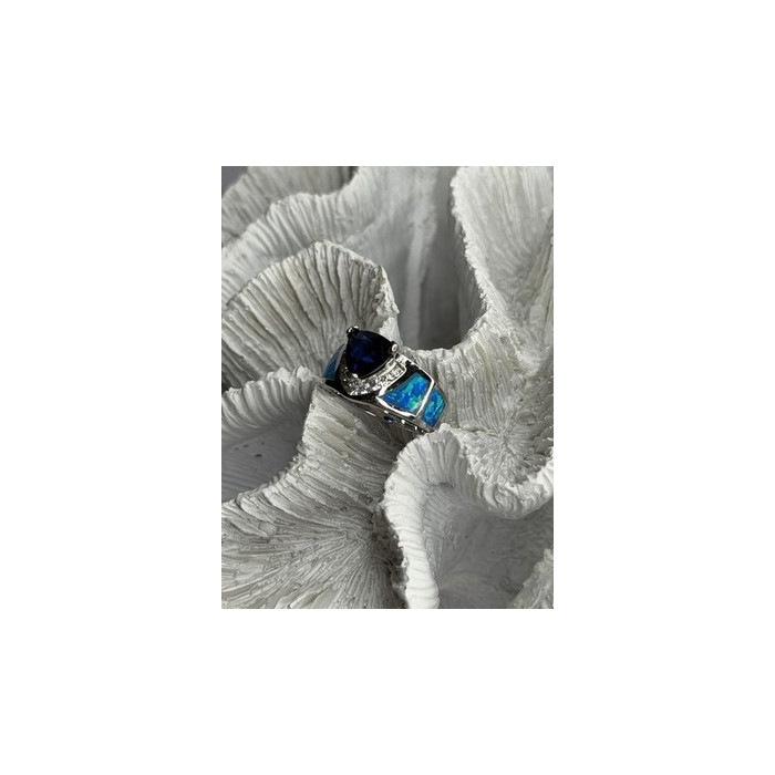 925 Sterling Silver Trillion-Cut Tanzanite & Beryl & Opal Ring Size 7