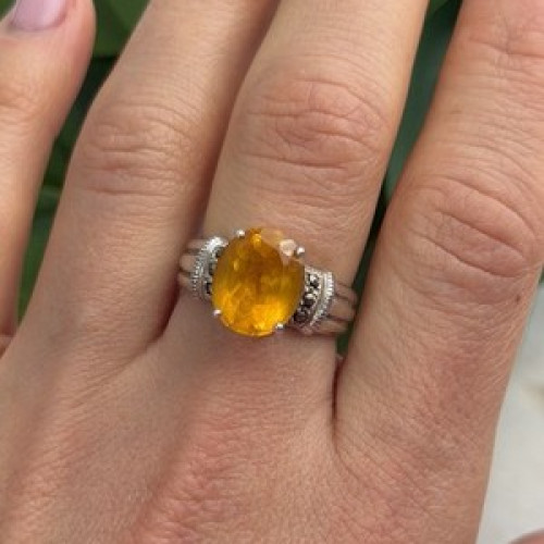 925 Sterling Silver Citrine & Marcasite Ring Size 8