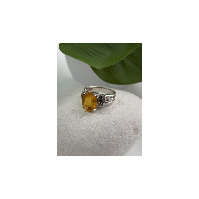 925 Sterling Silver Citrine & Marcasite Ring Size 8