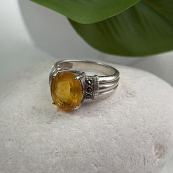 925 Sterling Silver Citrine & Marcasite Ring Size 8